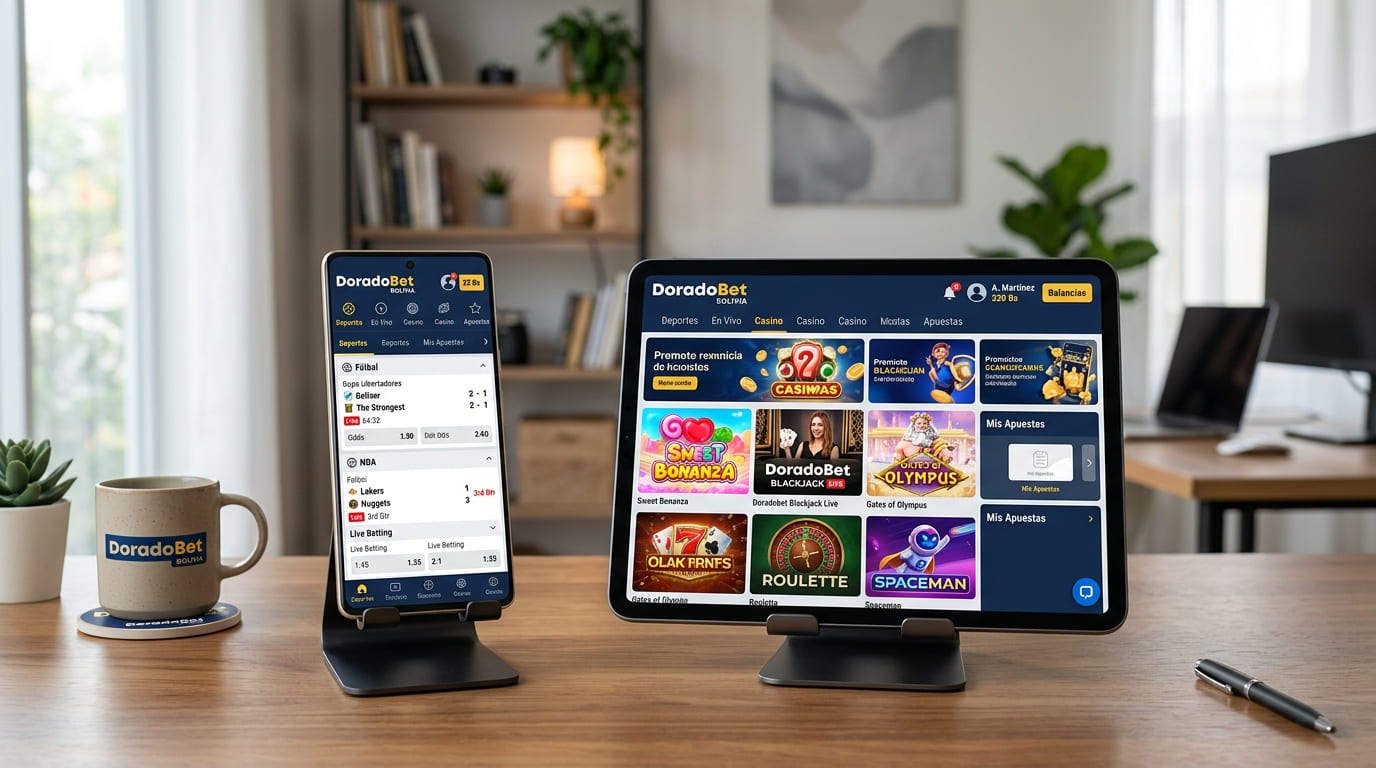 Smartphone y tablet con apuestas deportivas y lobby de casino Doradobet en Bs